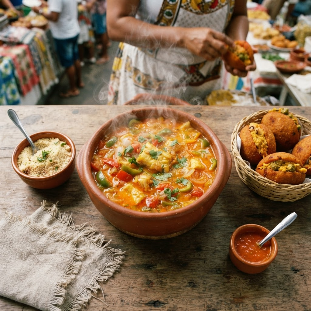 Moqueca de peixe em panela de barro com acarajé e farofa em mesa de mercado em Salvador