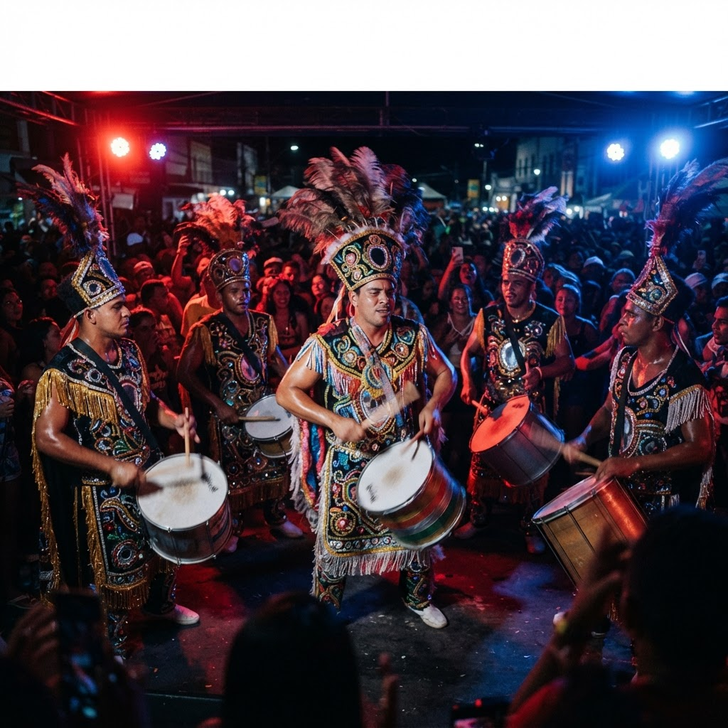 Brincantes de Bumba-meu-boi com trajes bordados e cocares em festival noturno no Maranhão