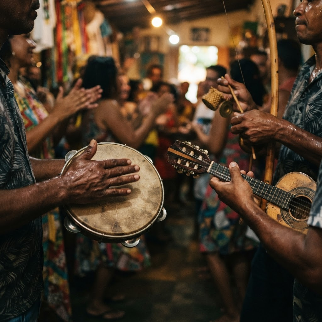 Mãos tocando pandeiro, cavaquinho e berimbau em roda de samba na Bahia