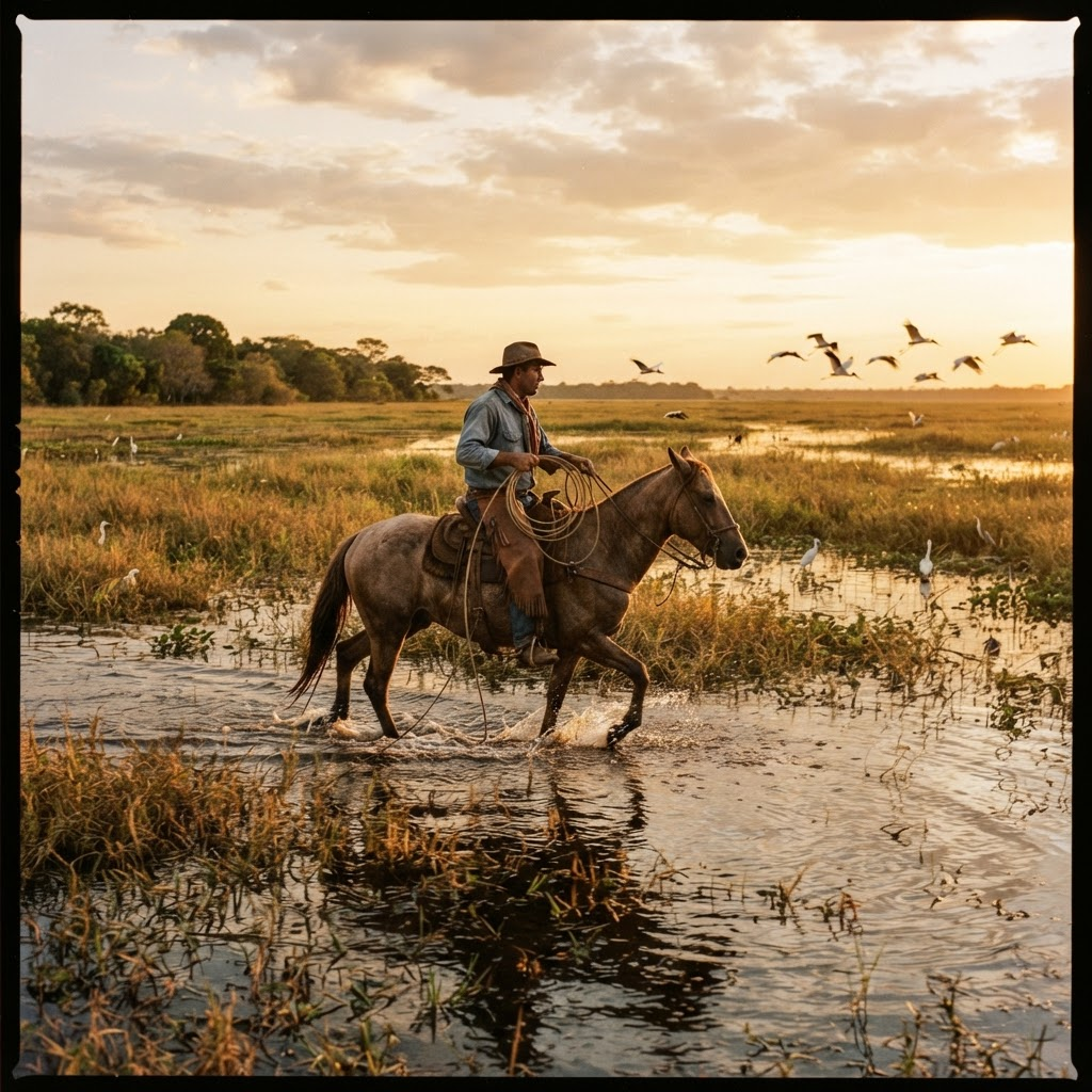 Peão pantaneiro a cavalo atravessando área alagada no Pantanal, em Mato Grosso