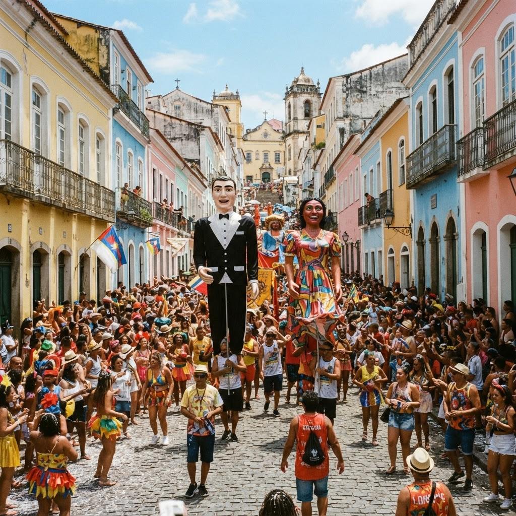Bonecos gigantes de carnaval carregados pelas ladeiras coloridas de Olinda, em Pernambuco