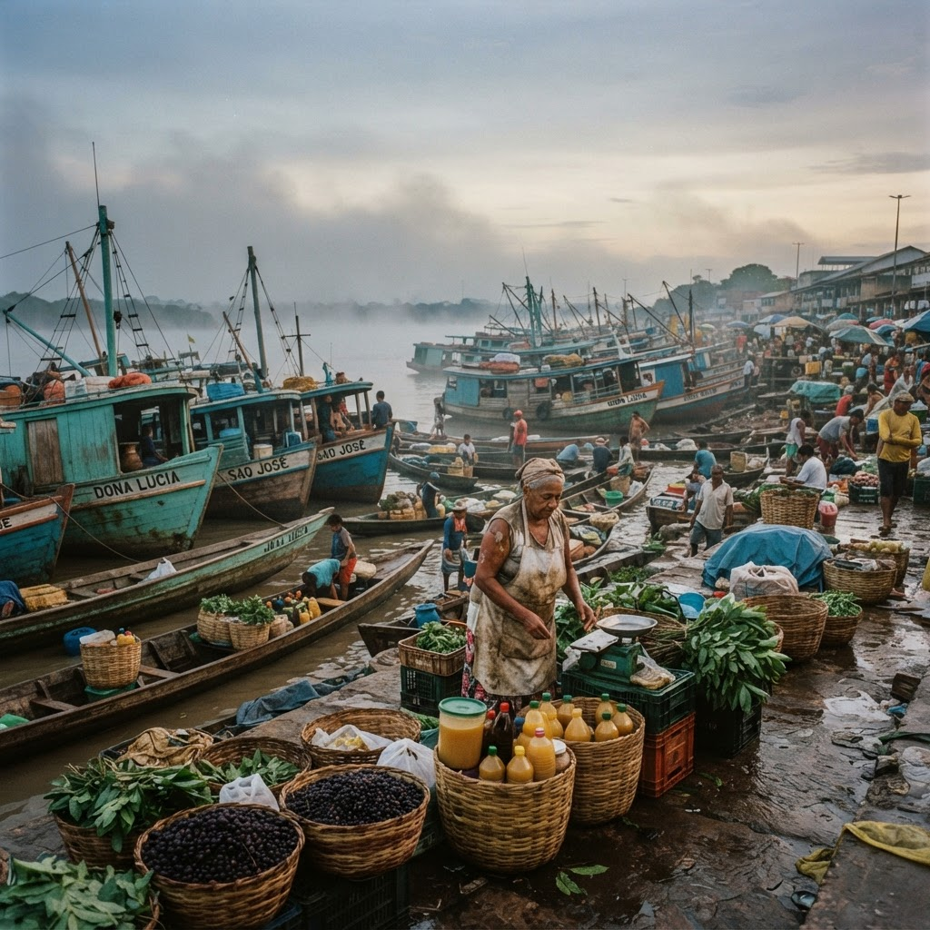 Barcos de madeira no mercado Ver-o-Peso, em Belém do Pará, ao amanhecer