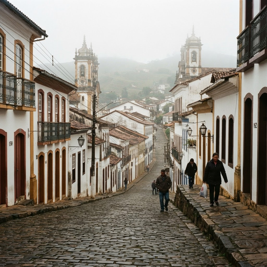 Ladeiras de pedra e torres de igrejas barrocas em Ouro Preto, Minas Gerais, com neblina