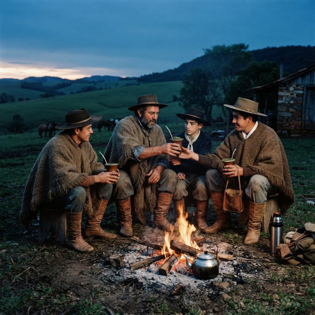 Gaúchos compartilhando chimarrão ao redor do fogo em estância no Rio Grande do Sul